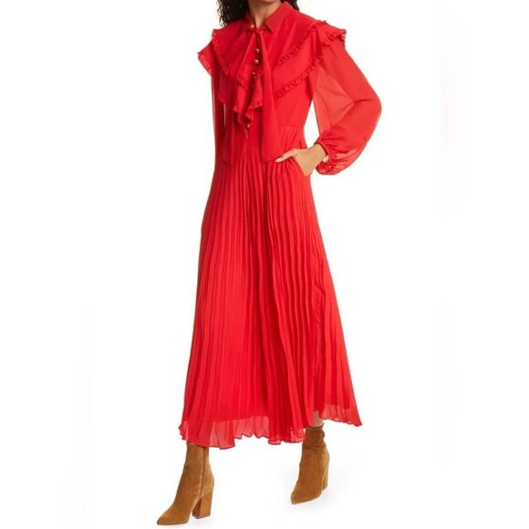 FARM Rio Pants - FARM Rio Women's Red Maxi Pleated Jumpsuit Neck Tie Buttons Flowy Sz Medium DM3